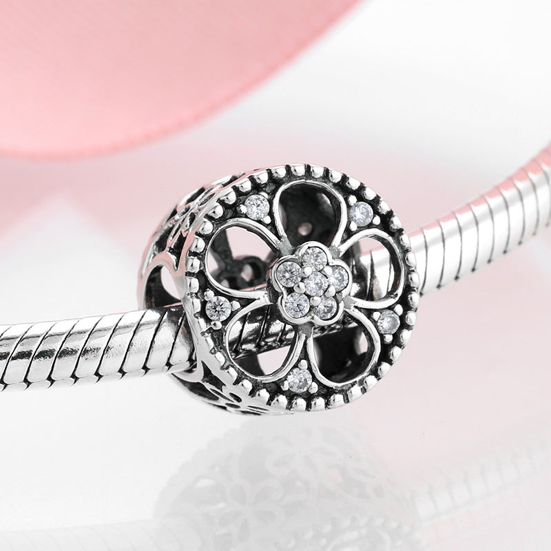 S925 Sterling Silver Hollow Zircon Inlaid Flower Bead Pendant