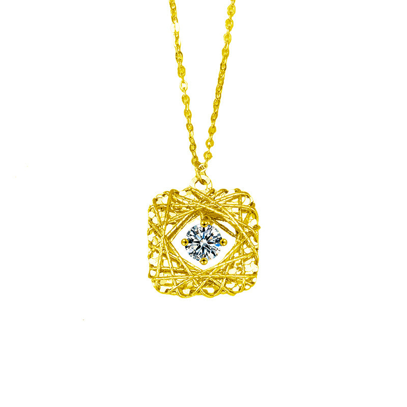 S925 Sterling Silver Moissanite Woven Dream net Square Pendant Necklace