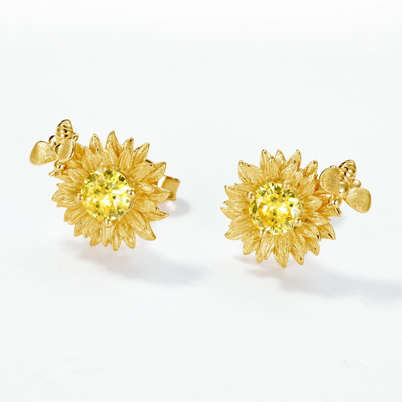 S925 Sterling Silver Gold-plated Sunflower Earrings Set with Yellow Zircon