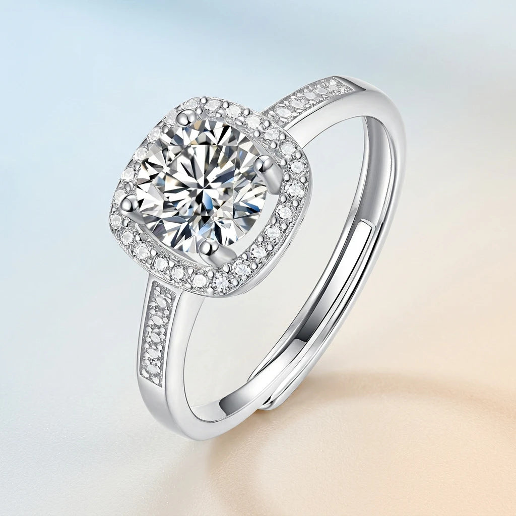 S925 Silver Small Square Adjustable Open Ring with Moissanite Halo Setting