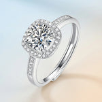 S925 Silver Small Square Adjustable Open Ring with Moissanite Halo Setting