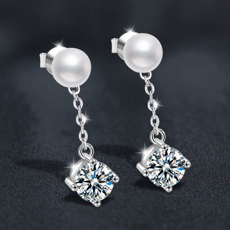925 Sterling Silver Classic Four-Prong Moissanite and Natural Freshwater Pearl Stud Earrings