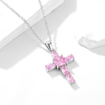 S925 Sterling Silver Pink Zircon Cross Necklace