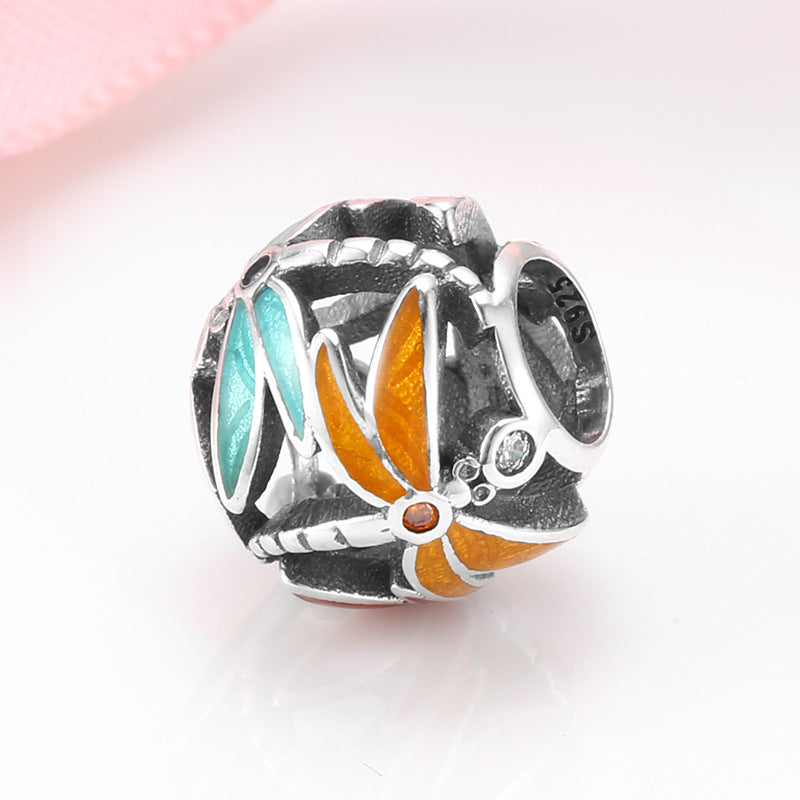 S925 Sterling Silver Dragonfly Zircon Inlaid Bead Pendant