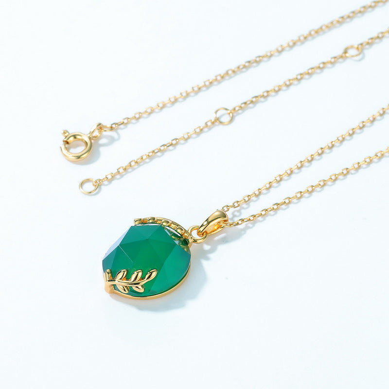 S925 Sterling Silver Gold-Plated Leaf Green Agate Pendant Necklace
