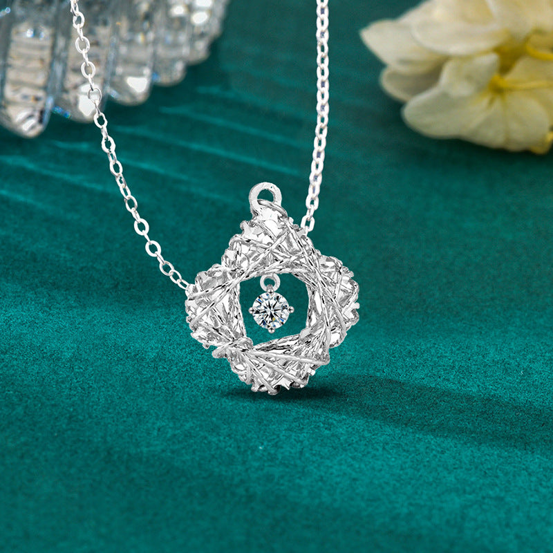 S925 Sterling Silver Moissanite Woven Dream Net Clover Pendant Necklace