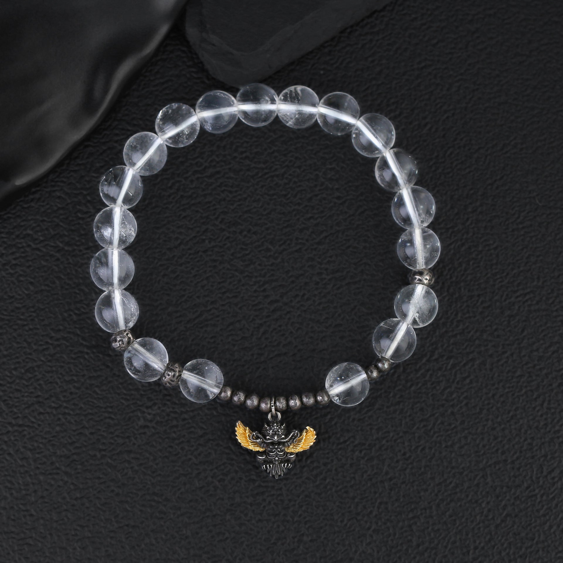Natural Clear Quartz Round Bead Bracelet with Garuda Dangle Charm