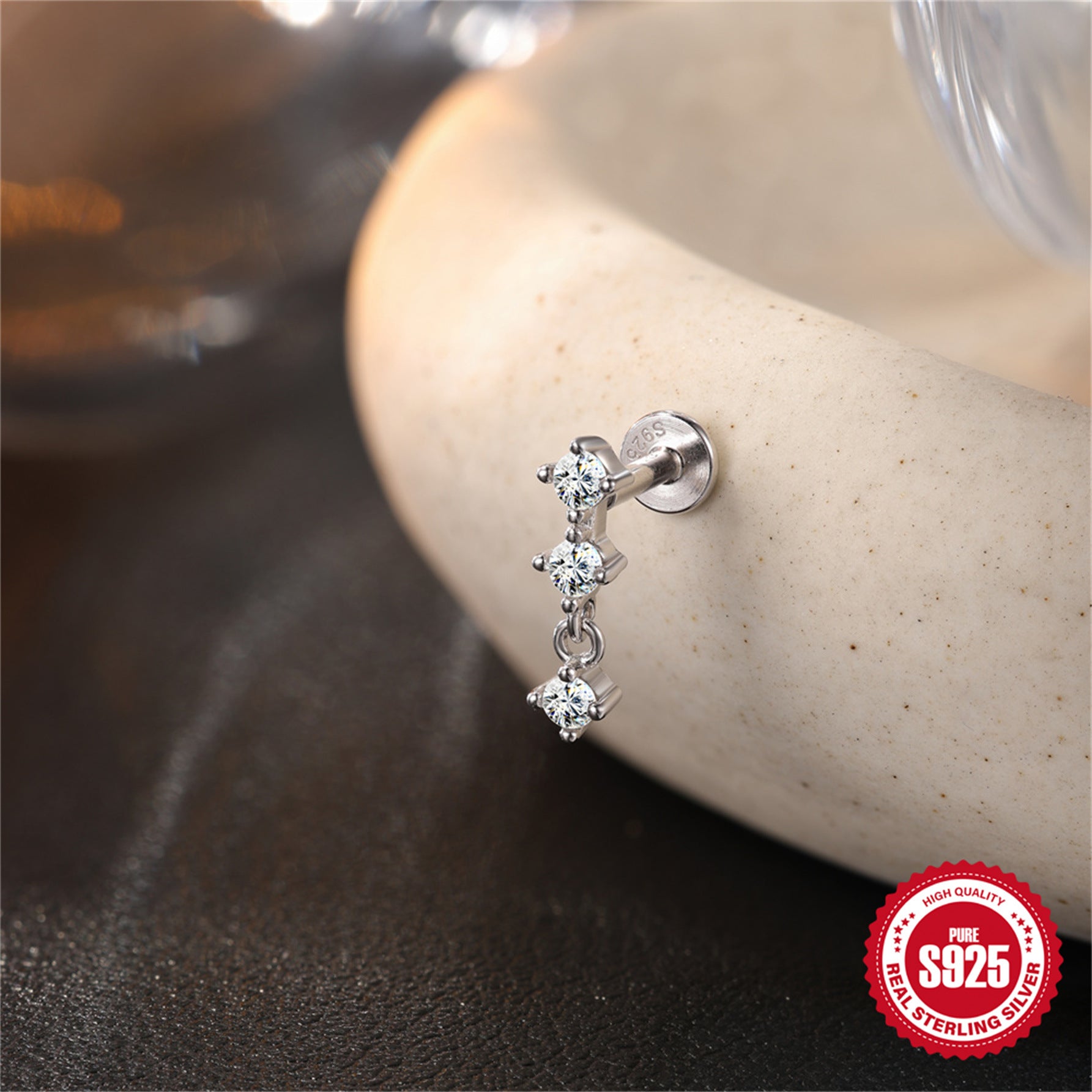 S925 Sterling Silver Moissanite Flat-Back Threaded Cartilage Stud(Single unit)