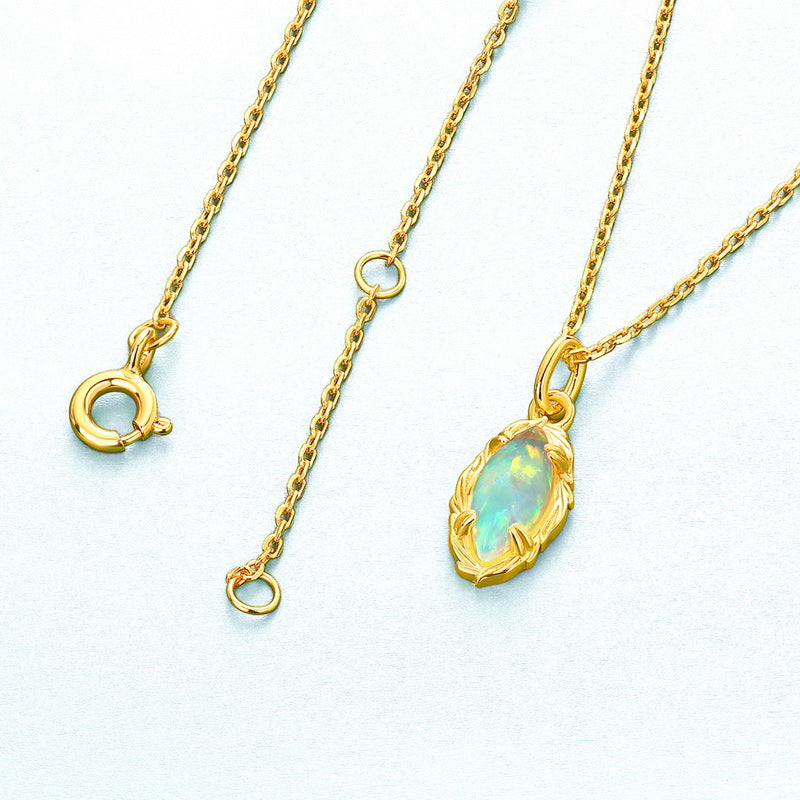 S925 Sterling Silver Geometric Horse Eye Opal Pendant Necklace