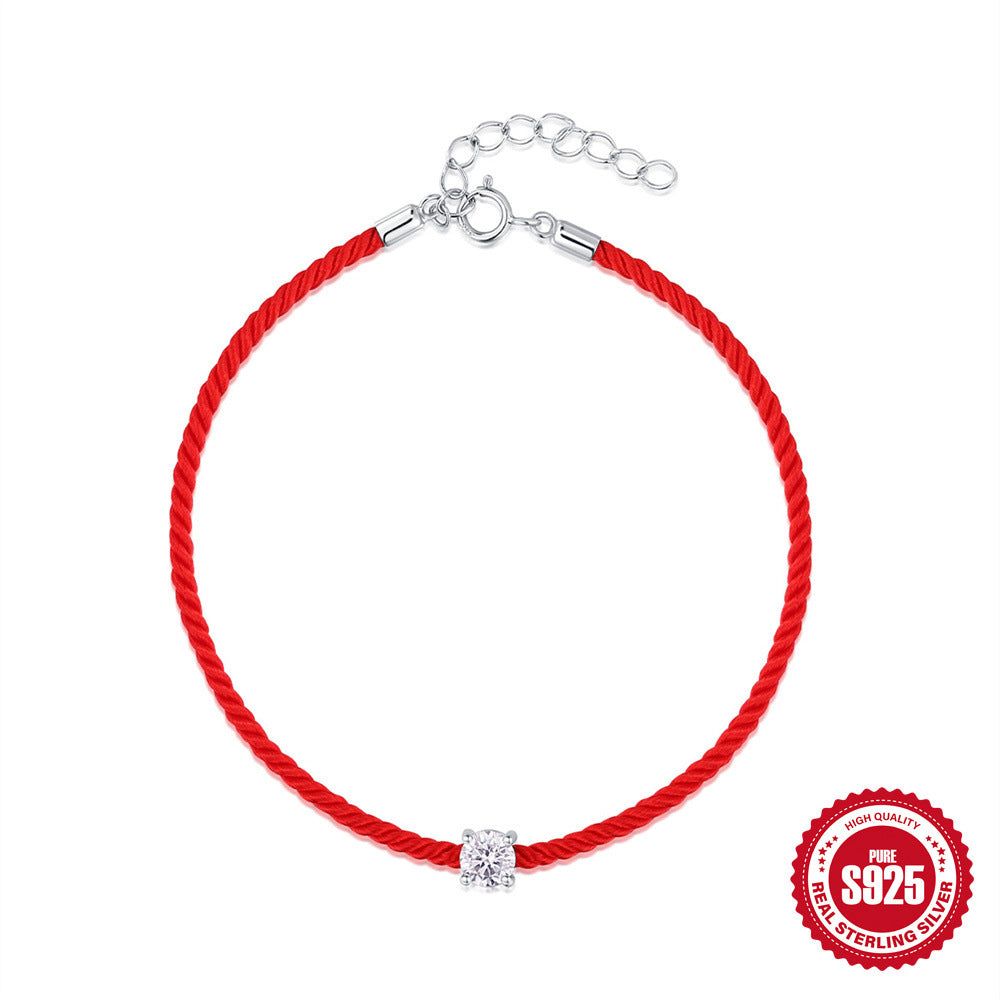 S925 Sterling Silver Red Cord Bracelet with Single Moissanite Stone