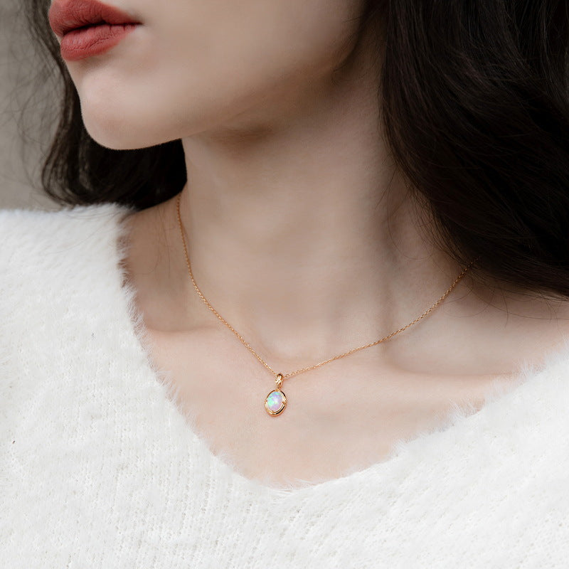 S925 Sterling Silver Plated Gold Synthetic Opal Charm Necklace