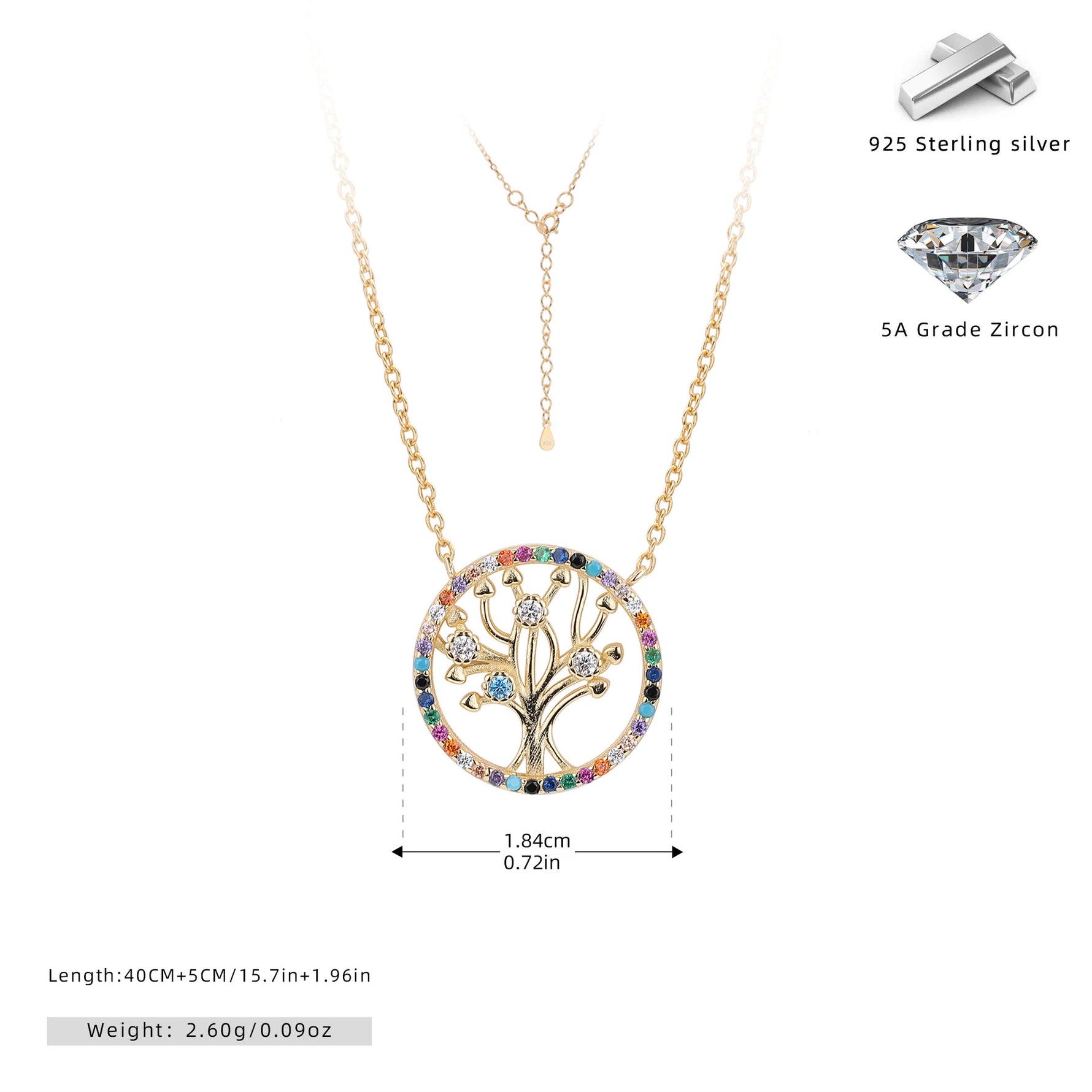 S925 Sterling Silver Colored Zircon Tree of Life Necklace