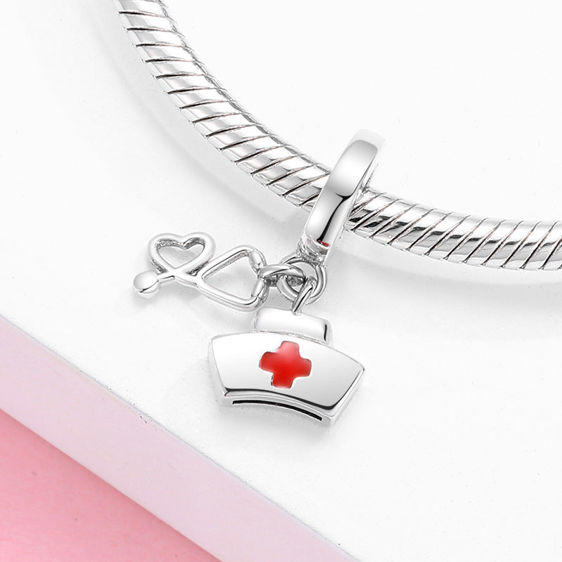 S925 Sterling Silver Nurse Cap Love Heart Stethoscope Pendant