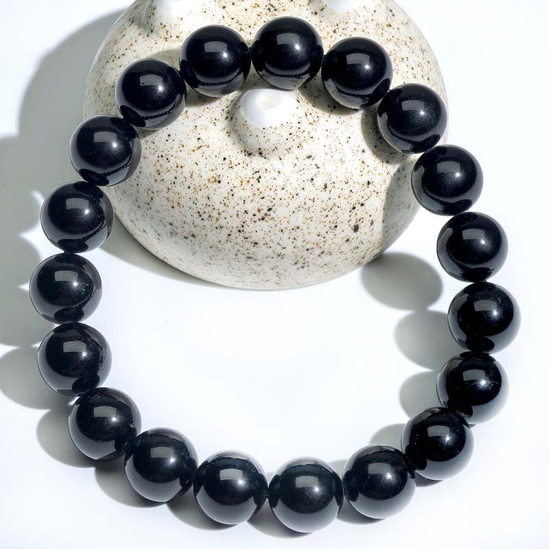 Natural Black Tourmaline Round Bead Bracelet