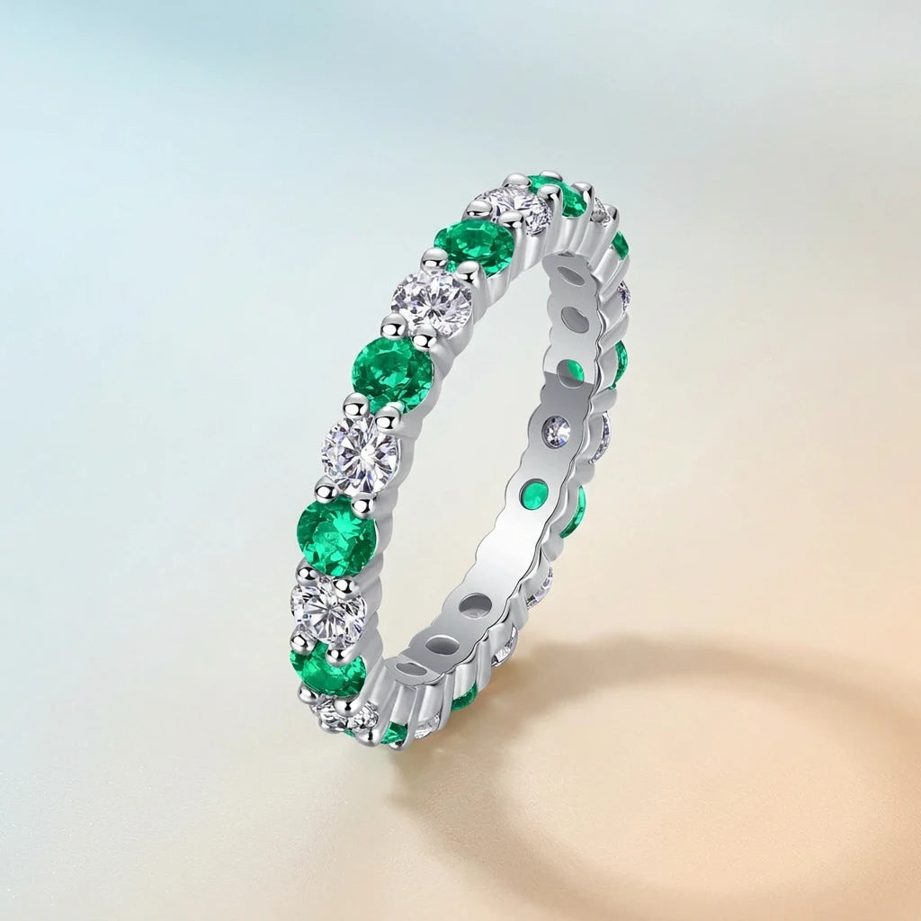 S925 Silver Ring with Green and Red Sapphires and Moissanite
