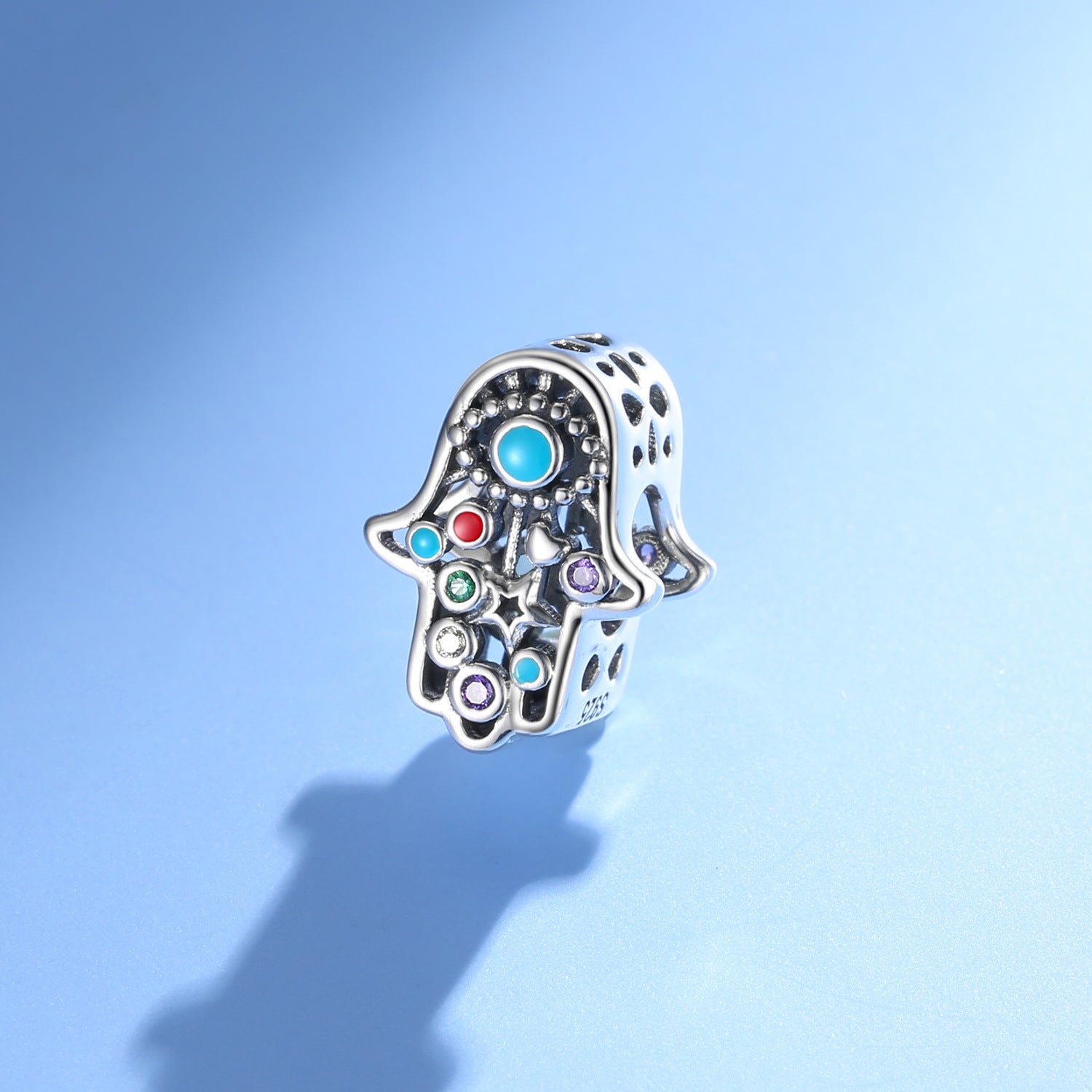 S925 Sterling Silver Fatima Bracelet Beads Colorful Zircon Pendant