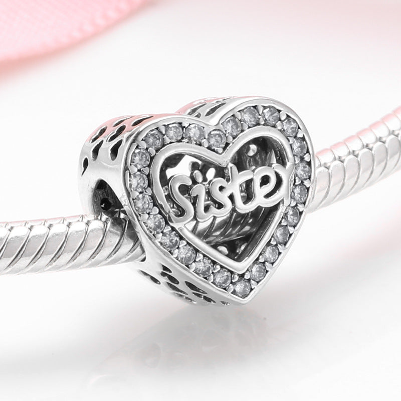 S925 Sterling Silver Inlaid Zircon Hollow Love Beaded Pendant