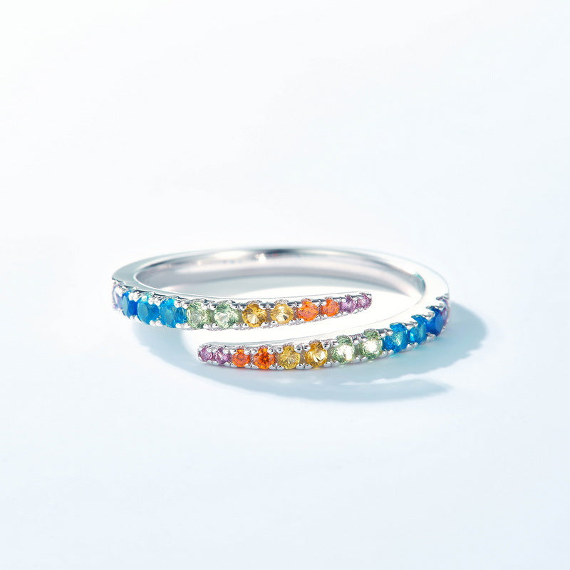 S925 Sterling Silver Gold-Plated Geometric Rainbow Zircon Ring