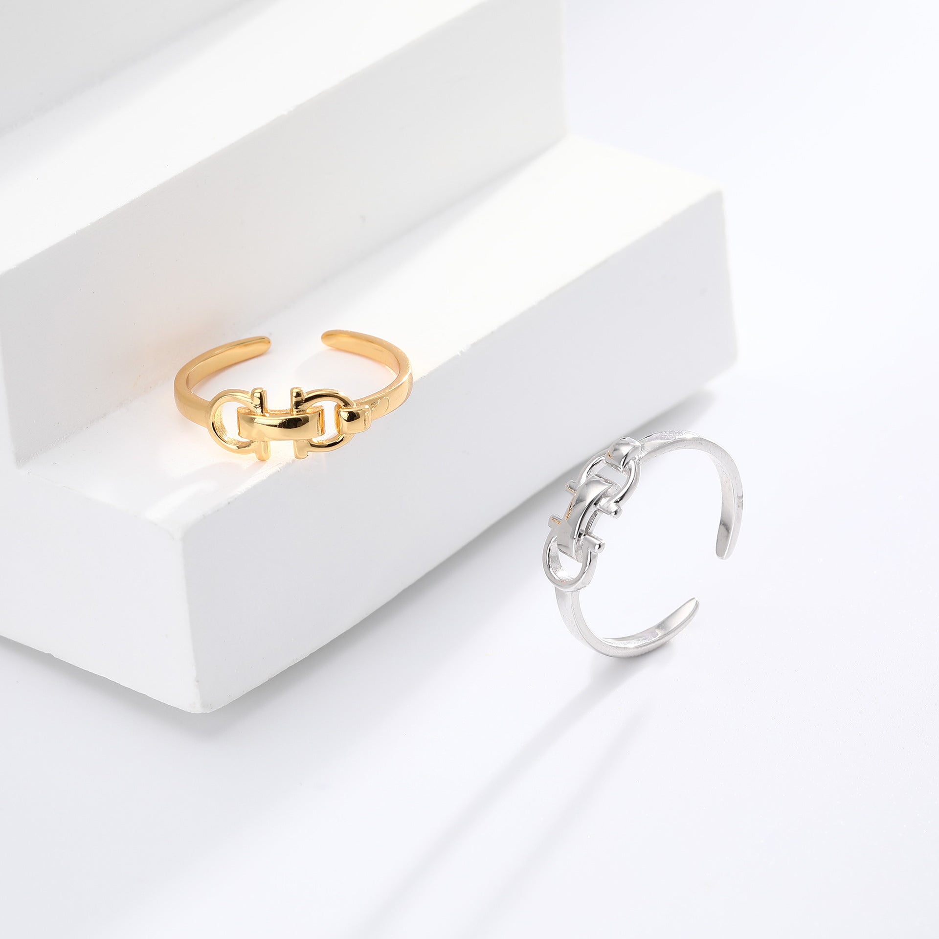 S925 Sterling Silver Trendy Leather Buckle Double D Opening Ring