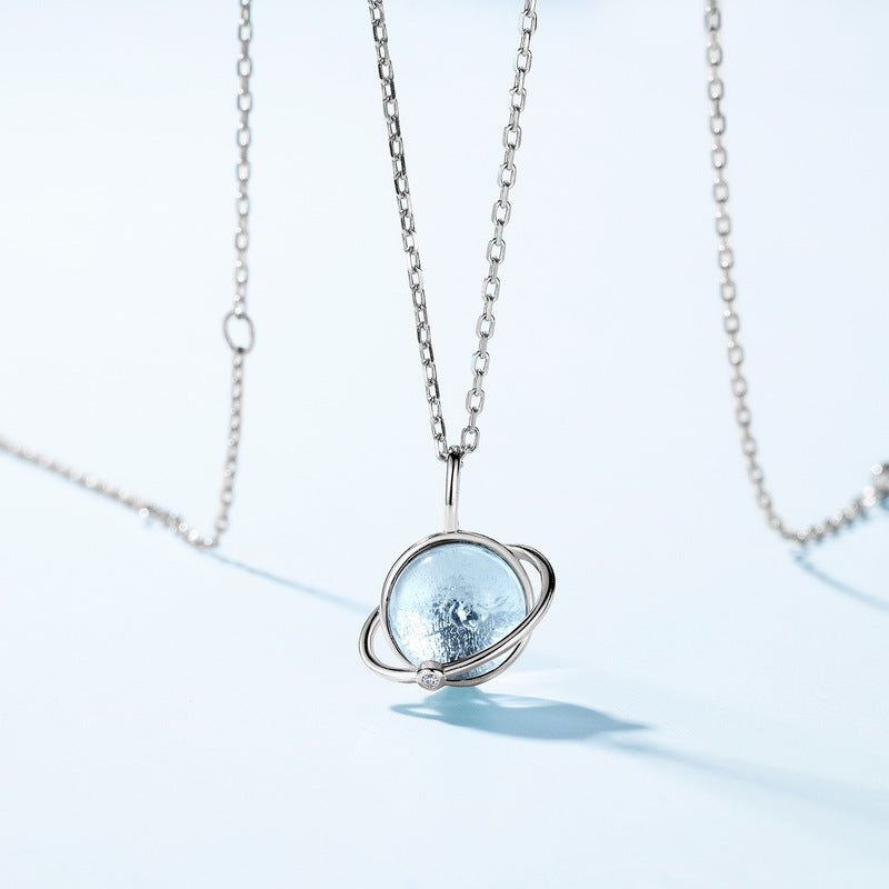 S925 Sterling Silver Universe Star Pendant Inlaid Sky Blue Topaz Necklace