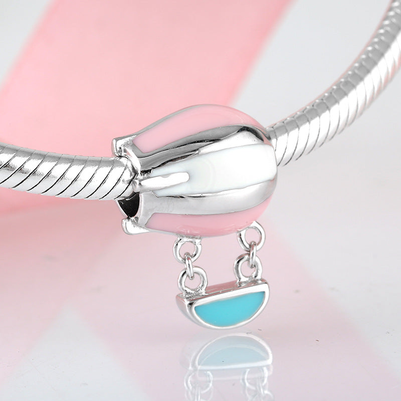 S925 Sterling Silver Pink Blue Enamel Hot Air Balloon Pendant
