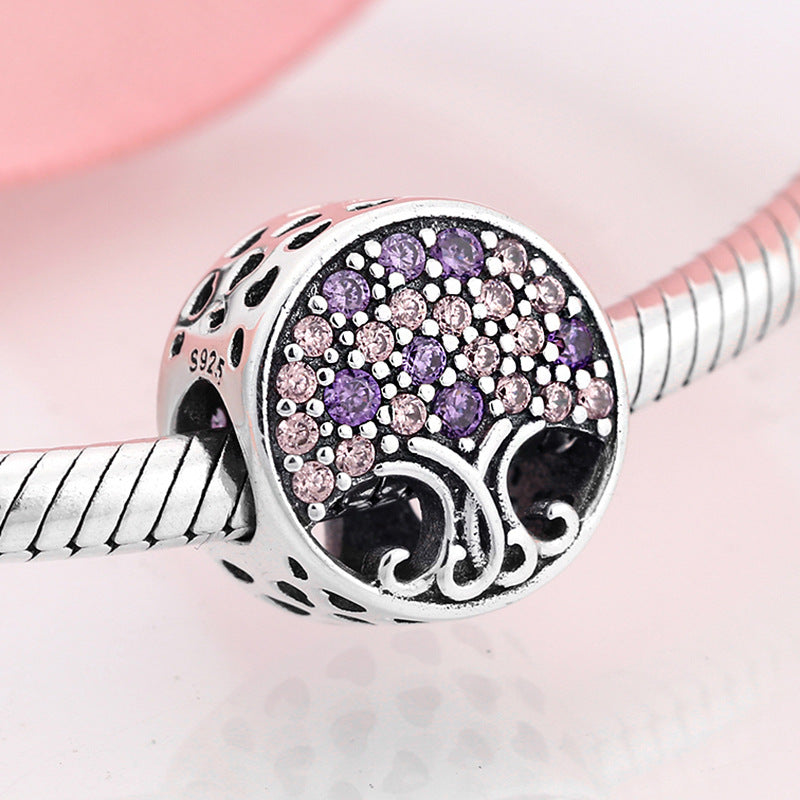 S925 Sterling Silver Hollow Tree of Life Purple Zircon Bead Pendant