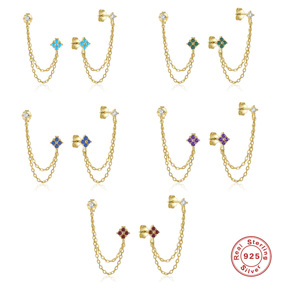 S925 Sterling Silver Chain Tassel Earrings with Zirconia Studs