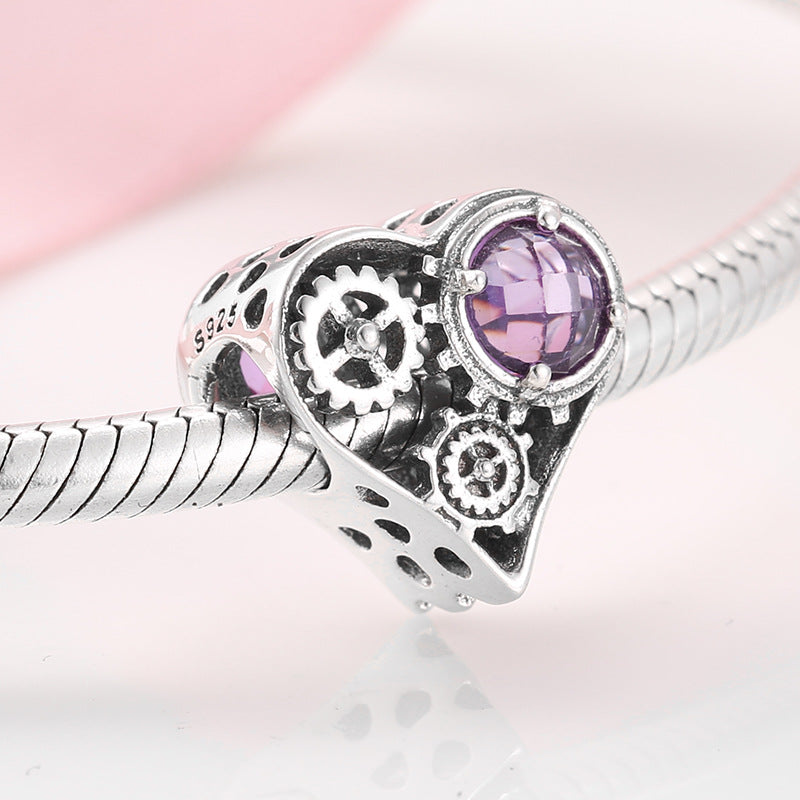 S925 Sterling Silver Mechanical Heart Purple Zircon Bead Pendant