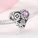 S925 Sterling Silver Mechanical Heart Purple Zircon Bead Pendant