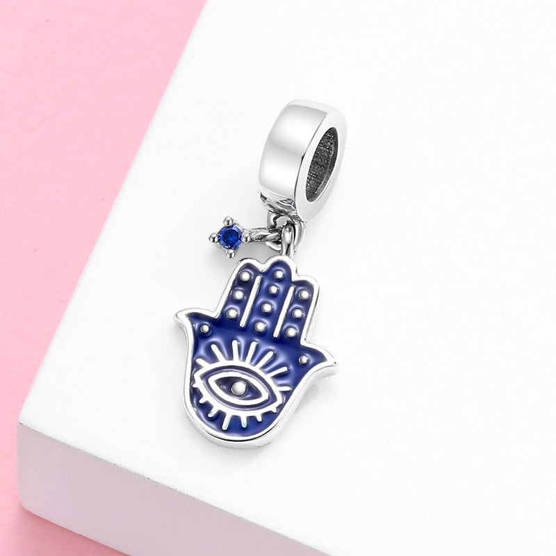 S925 Sterling Silver Dark Blue Enamel Hand Shape Inlaid Zircon Pendant