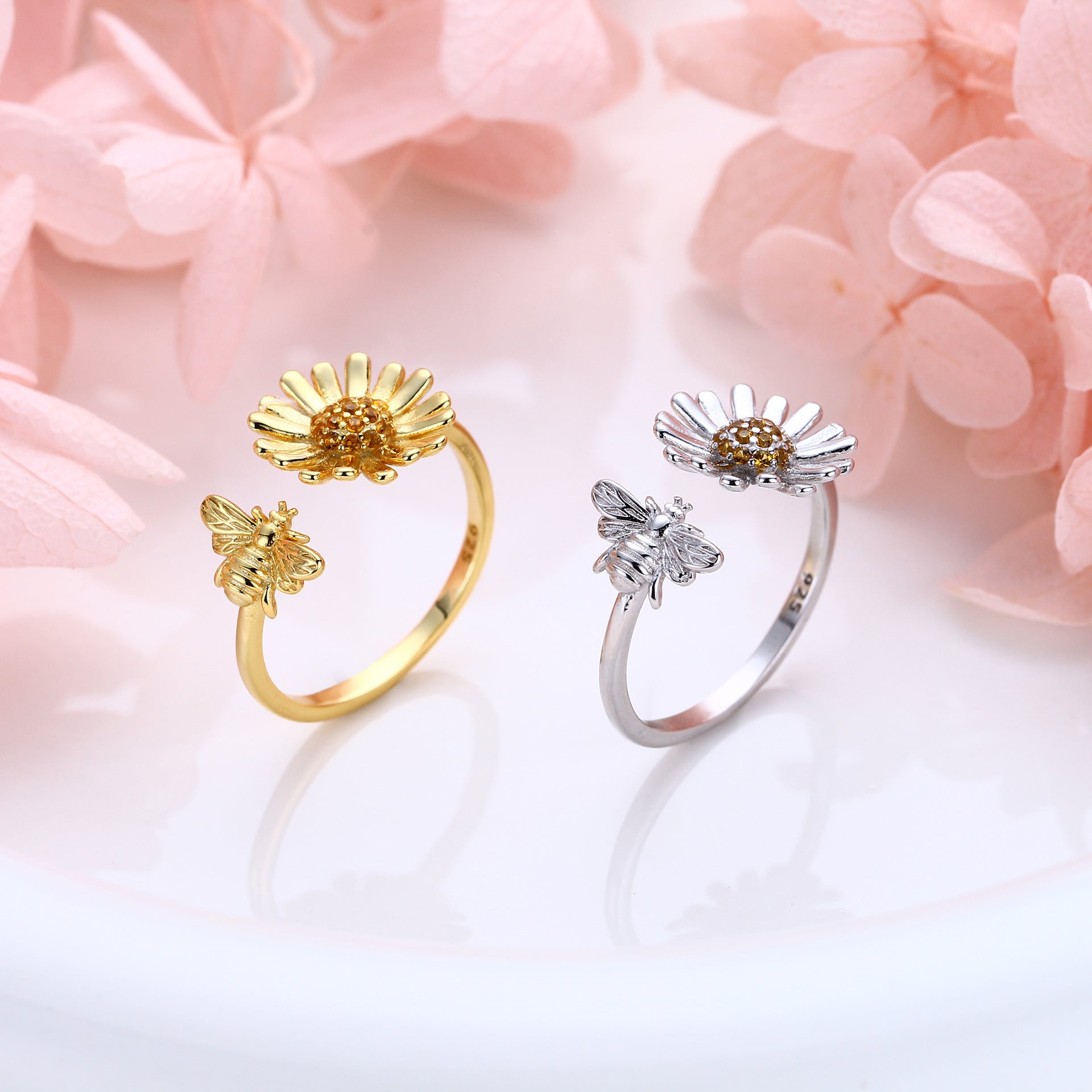 S925 Sterling Silver Creative Personalized Sunflower Bee Zirconia Ring