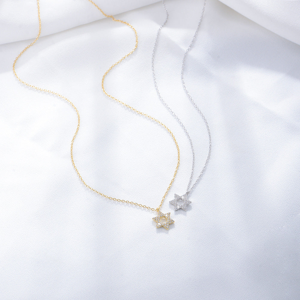 S925 Sterling Silver with Shiny Zircon Six-Pointed Star Pendant Necklace