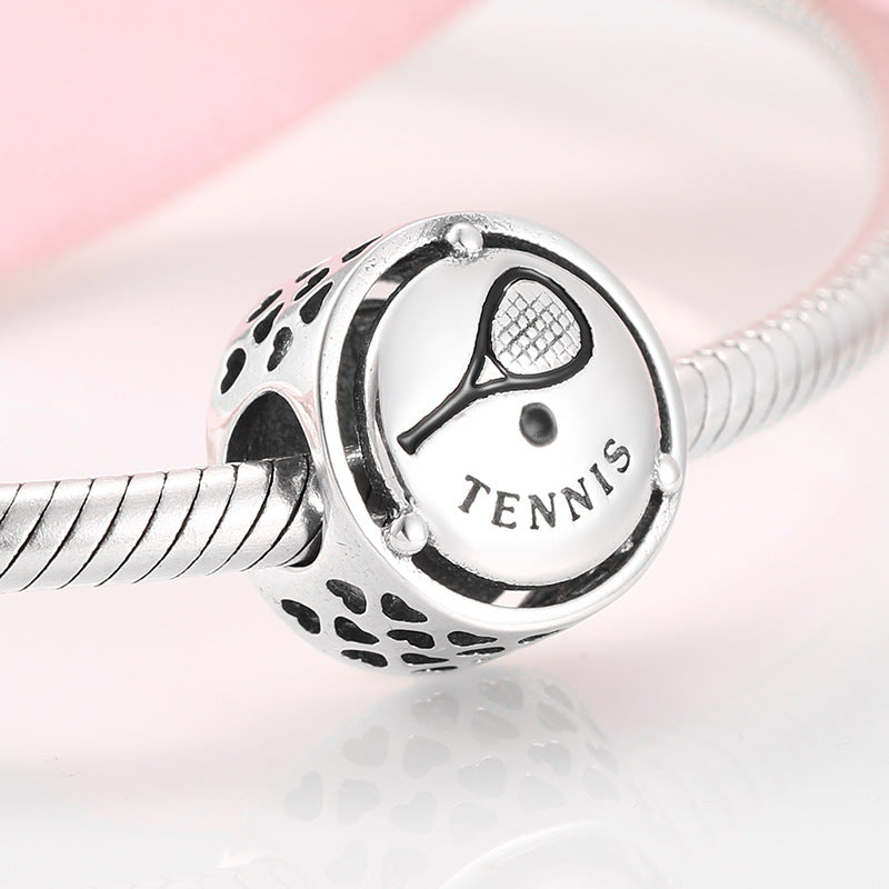 S925 Sterling Silver Tennis Theme Beaded Carved Racket Pattern Pendant