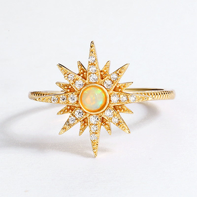 S925 Sterling Silver Gold-Plated Sun Ring Set with Opal and Cubic Gemstones