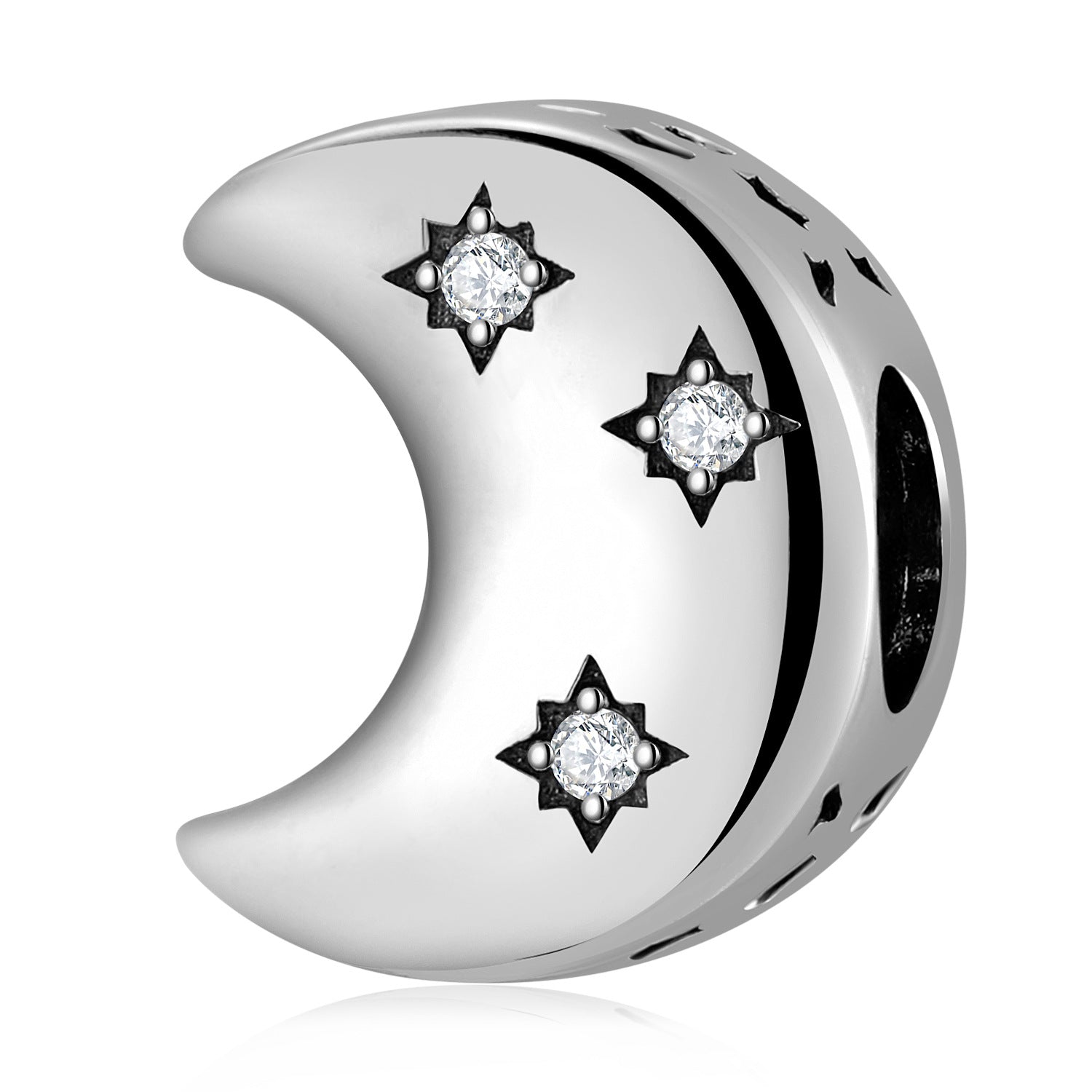 S925 Sterling Silver Moon and Stars Zircon Inlaid Bead Pendant