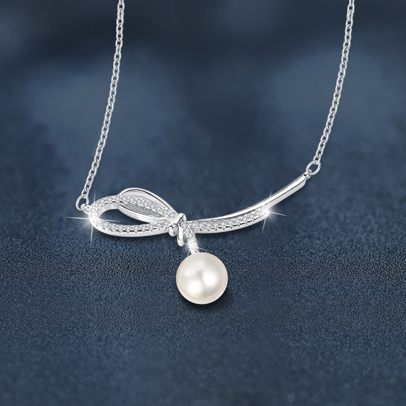 S925 Sterling Silver Moissanite Bow Pearl Pendant Necklace