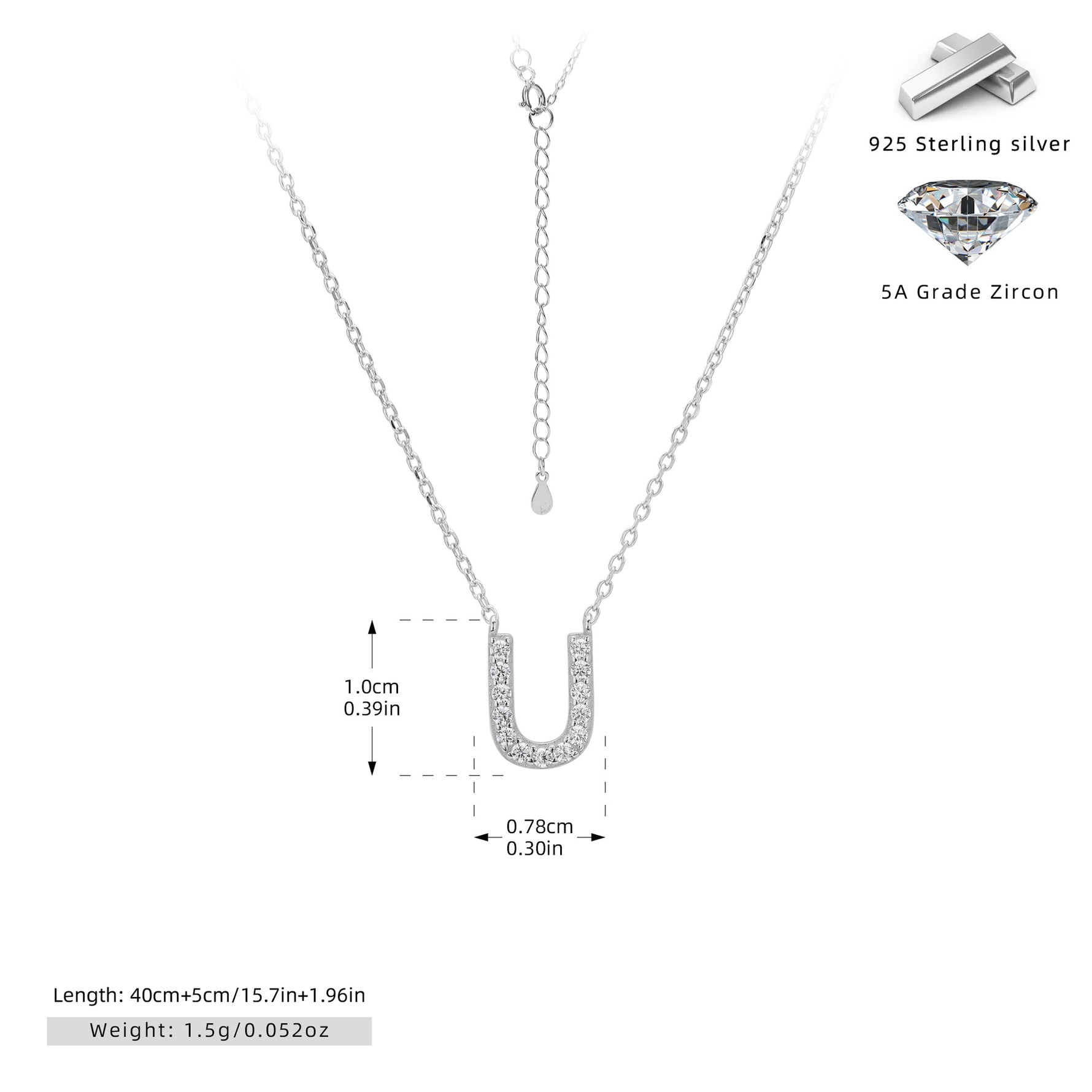 S925 Sterling Silver Simple Zircon Necklace with English Letters