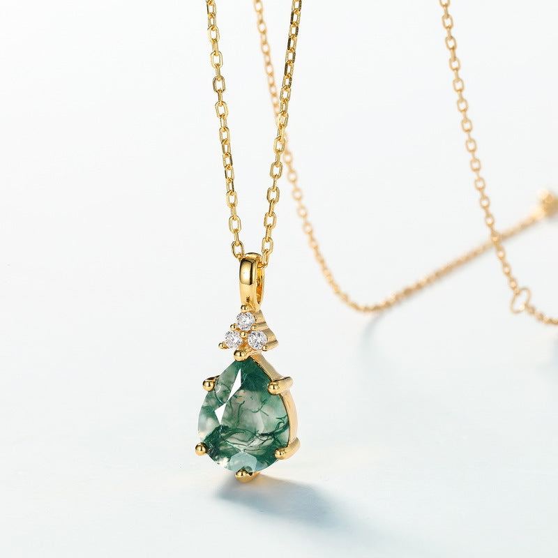 S925 Sterling Silver Inlay Natural Green Agate Pendant Necklace
