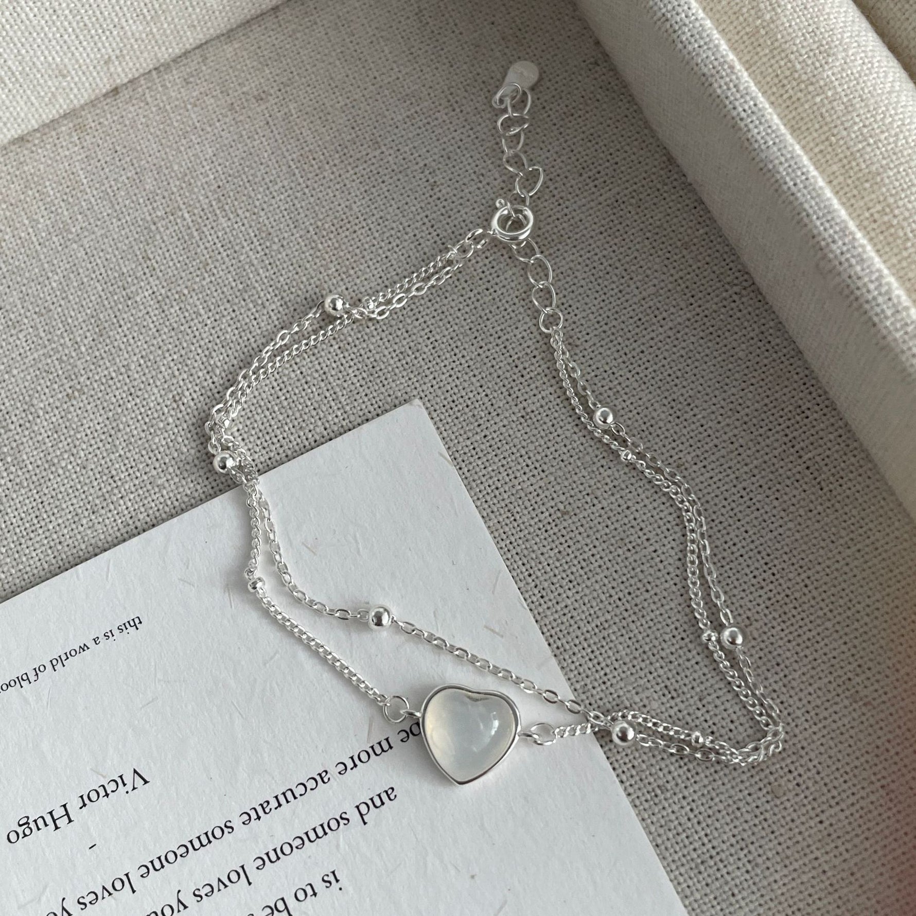 S925 Silver and White Chalcedony Heart Double-Layer Bracelet