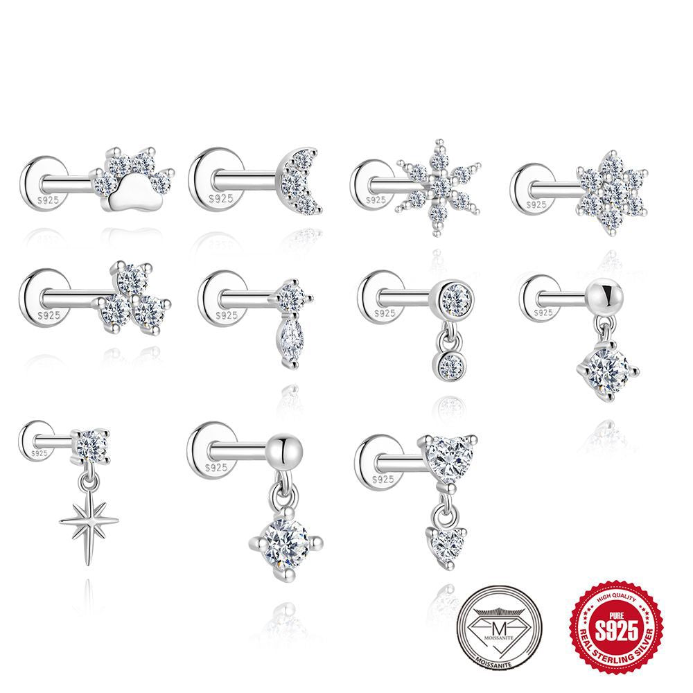 S925 Sterling Silver Hexagram Moissanite Threaded Cartilage Stud Earring(Single unit)