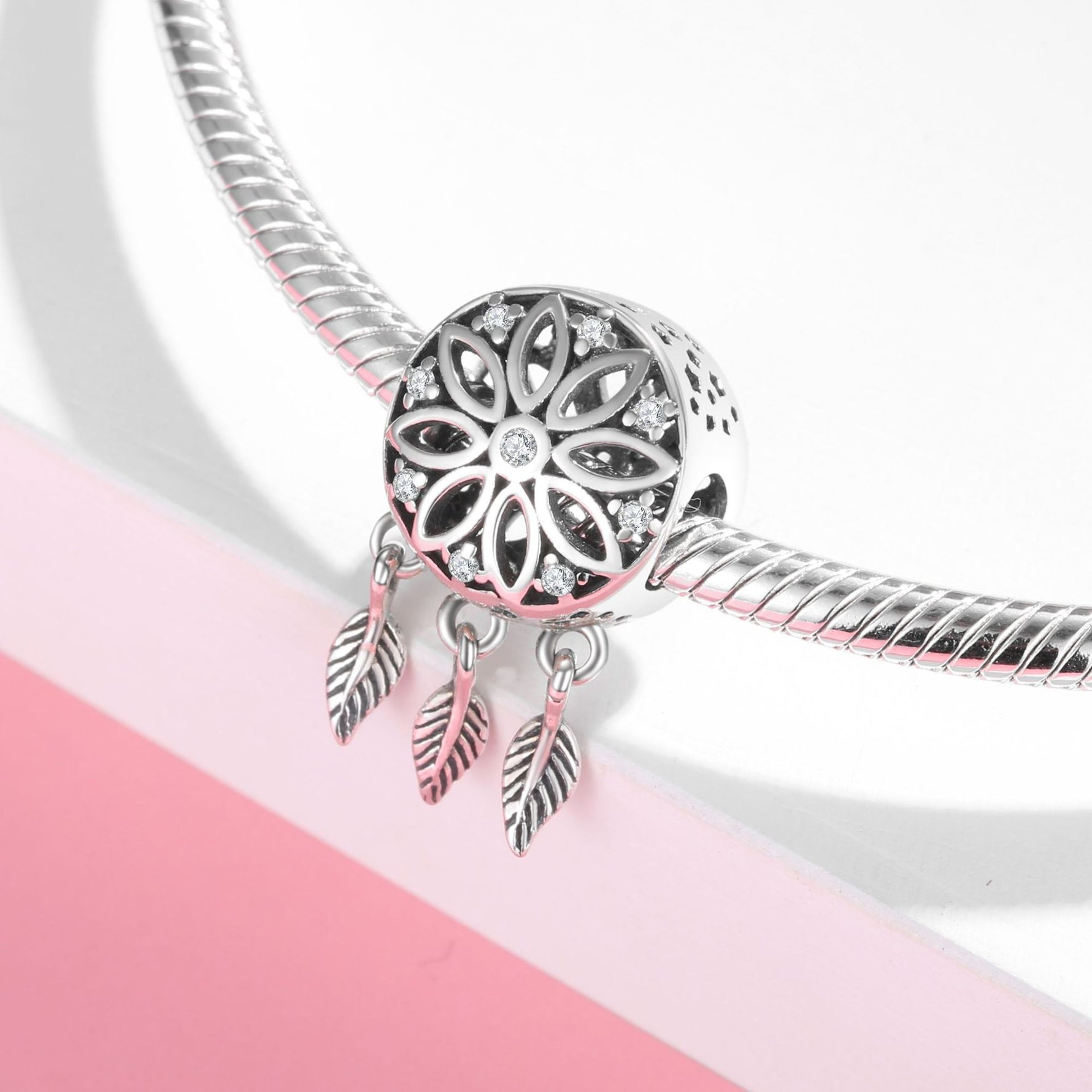 S925 Sterling Silver Hollow Flower Feather Tassel Dreamcatcher Pendant