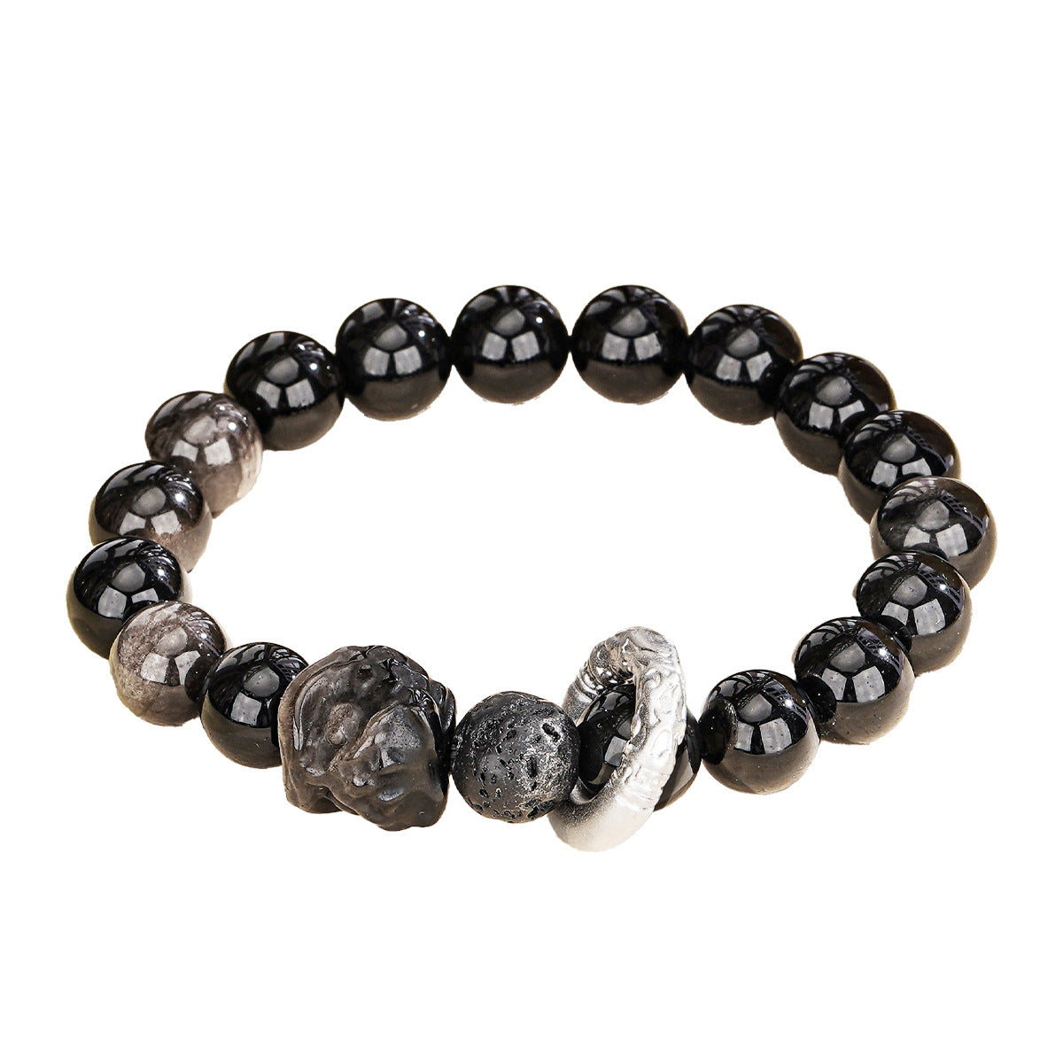 999 Pure Silver Bracelet, Natural Obsidian Retro Lion Dance Safety Buckle