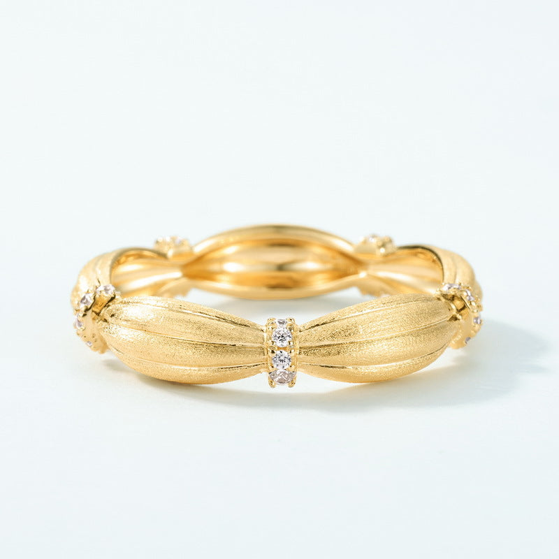 S925 Sterling Silver Gold-Plated Textured Silk Satin Zircon Ring