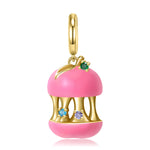 S925 Sterling Silver Pink Brushed Apple Bead Charm 14K Gold Plated with Zircon