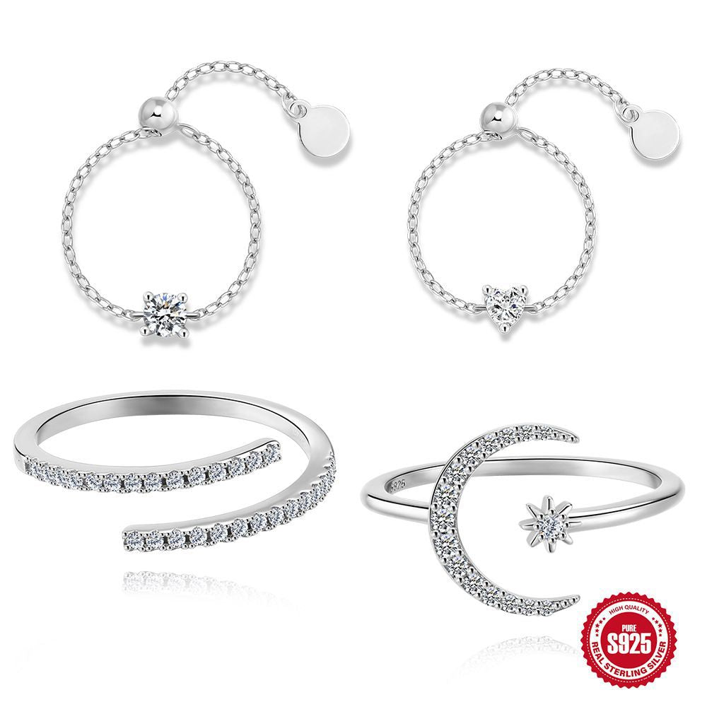 S925 Sterling Silver Moissanite Ring with Heart, Star, and Moon Motifs