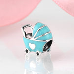 S925 Sterling Silver Sky Blue Baby Stroller Bead Pendant