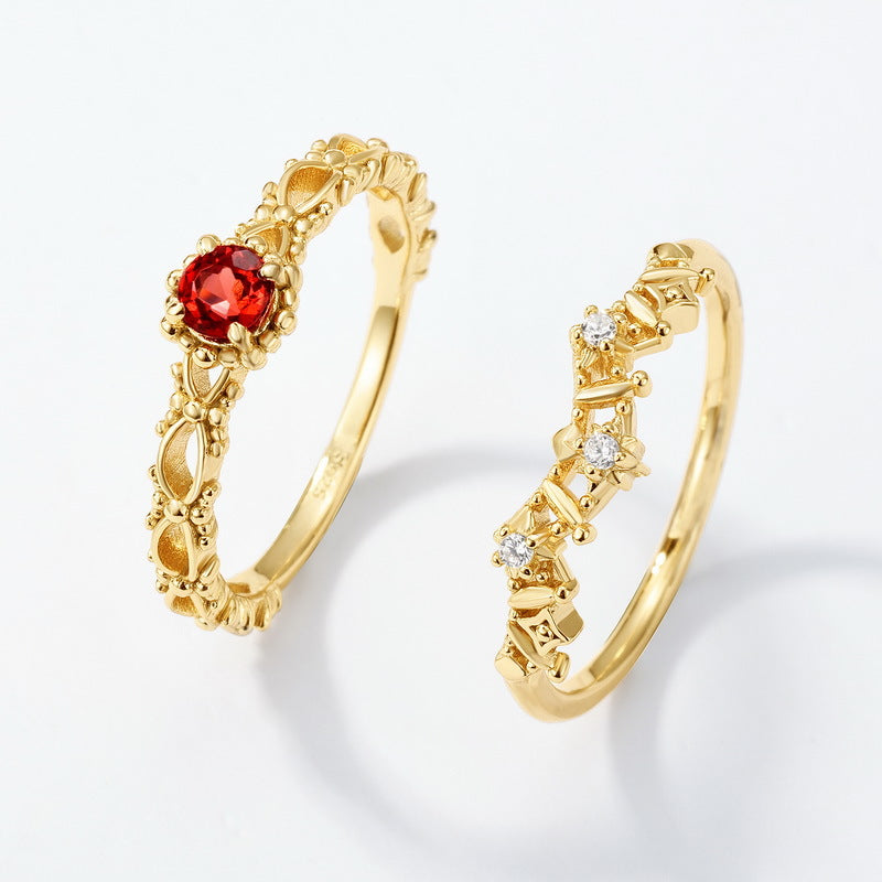 S925 Sterling Silver Gold-Plated Garnet Crown Ring