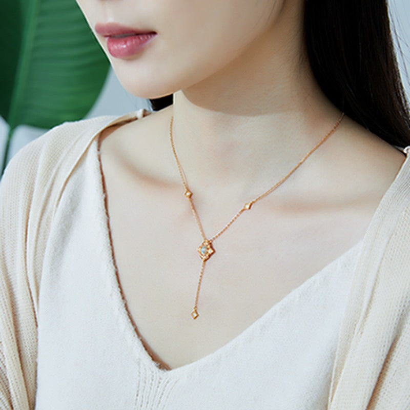 S925 Silver Plating 9K Gold Retro Petal Lace Natural Opal Necklace