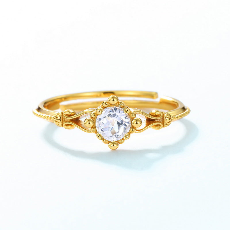 S925 Sterling Silver Gold-Plated Vintage White Crystal Ring