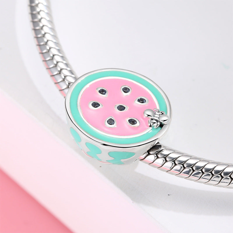 S925 Sterling Silver Watermelon Slice Colorful Enamel Bead Pendant